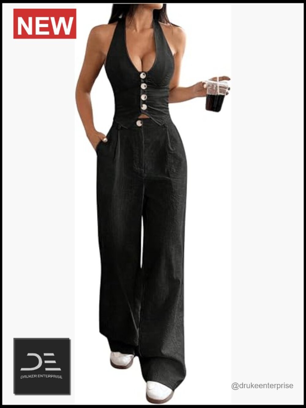 2 Piece Halter Vest Crop Top & High Waisted Pants Set - Sleeveless